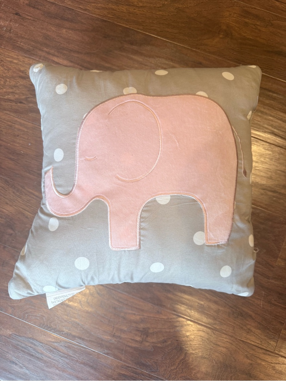 Pink Elephant Appliqué Nursery Pillow - Polka Dot Gray Background 16x16